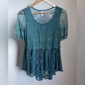 Free People Teal Lace Blouse